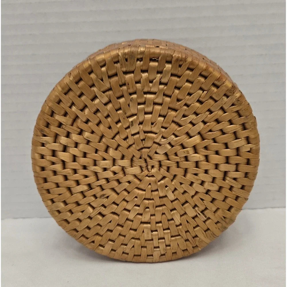 Vintage Round Woven Rattan Lidded Basket - 5